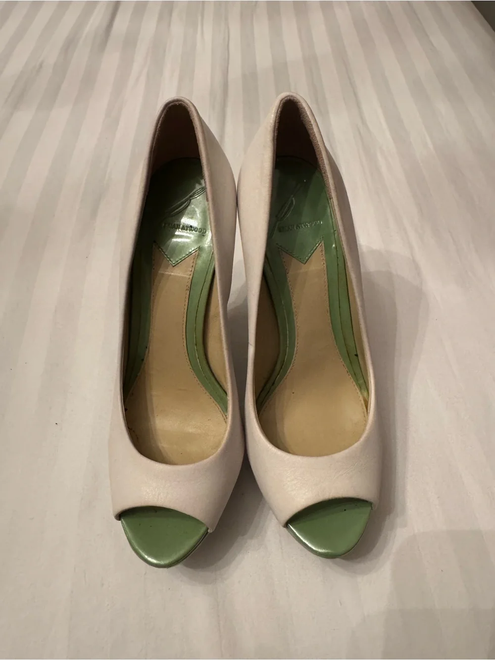 Brian Atwood Ivory Peep-Toe Wedges with Mint Trim